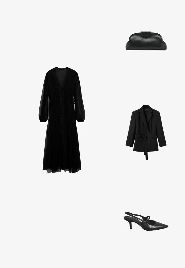 Blazer negro de manga larga con cuello con solapas y cinturón adjunto atado a la cintura, colgado sobre un fondo blanco.; Vestido maxi negro de tela transparente, con mangas largas, escote en V profundo, botones en la parte delantera y detalles recogidos en la cintura.; Zapato de tacón alto con tira trasera de piel negra, punta puntiaguda y pequeña hebilla en la parte superior.; Bolso de mano de cuero negro con marco metálico dorado y cierre a presión sobre un fondo blanco.