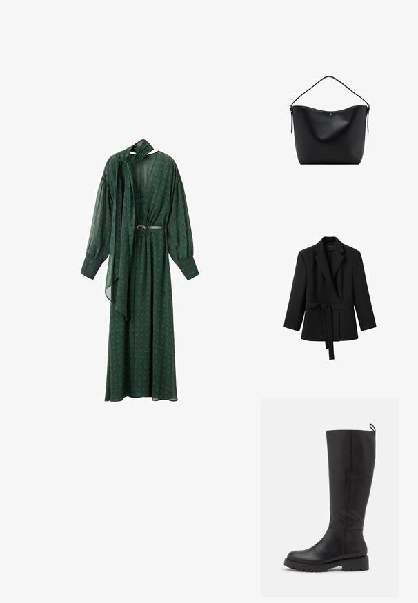 Blazer negro de manga larga con cuello con solapas y cinturón adjunto atado a la cintura, colgado sobre un fondo blanco.; Largo vestido verde con un estampado floral, que presenta un lazo en el cuello, mangas voluminosas y un cinturón que acentúa la cintura. Hecho de tela ligera.; Vagabond KENOVA - Botas - black; Bolso de hombro de cuero negro con una sola correa y detalles discretos en tono dorado, con un borde superior liso y ligeramente curvado.