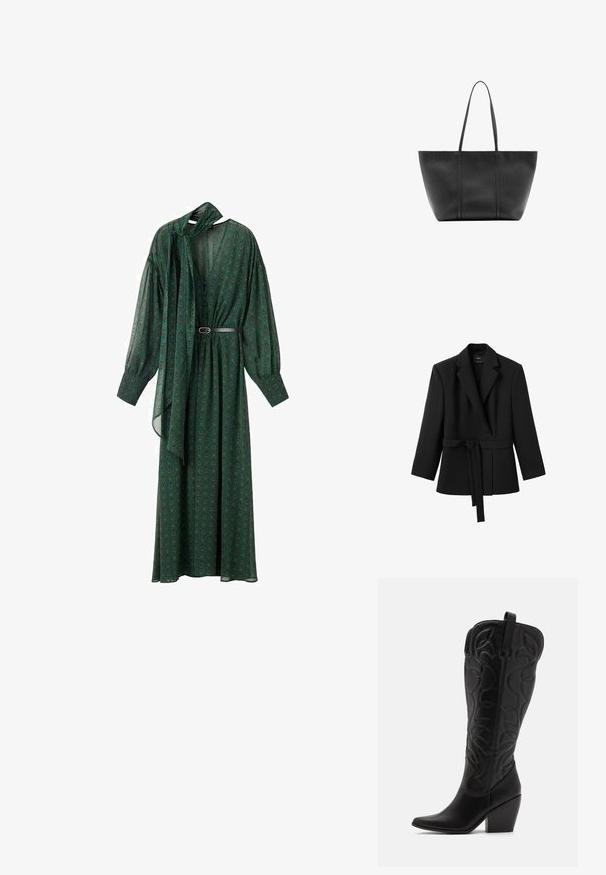 Blazer negro de manga larga con cuello con solapas y cinturón adjunto atado a la cintura, colgado sobre un fondo blanco.; Largo vestido verde con un estampado floral, que presenta un lazo en el cuello, mangas voluminosas y un cinturón que acentúa la cintura. Hecho de tela ligera.; Botas negras de cuero hasta la rodilla con punta puntiaguda y tacón apilado. Presentan costuras decorativas y elementos de diseño curvados.; Bolso tote de cuero negro con asas largas y delgadas, superficie texturizada y parte superior ancha y abierta.