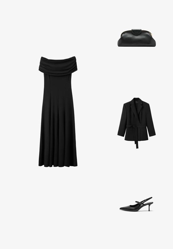 Blazer noir à manches longues avec col à revers et ceinture attachée nouée à la taille, suspendu sur fond blanc.; Robe longue noire à épaules dénudées avec un col froncé et une jupe évasée, présentée sur un fond blanc.; Talons aiguilles noires en cuir avec un bout pointu, une fine bride réglable, et un talon aiguille d'environ 5 cm, texture lisse.; Pochette en cuir noire avec armature métallique dorée et fermeture pression sur fond blanc.