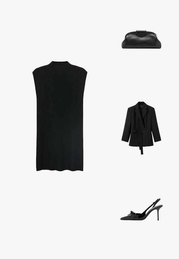 Blazer negro de manga larga con cuello con solapas y cinturón adjunto atado a la cintura, colgado sobre un fondo blanco.; Túnica negra sin mangas con un cuello alto, tejido suave, corte holgado y una silueta recta. El dobladillo es ligeramente curvado en la parte inferior.; Tacón alto slingback de piel charol negra con punta afilada, una tira fina y detalle de lazo en la parte delantera.; Bolso de mano de cuero negro con marco metálico dorado y cierre a presión sobre un fondo blanco.