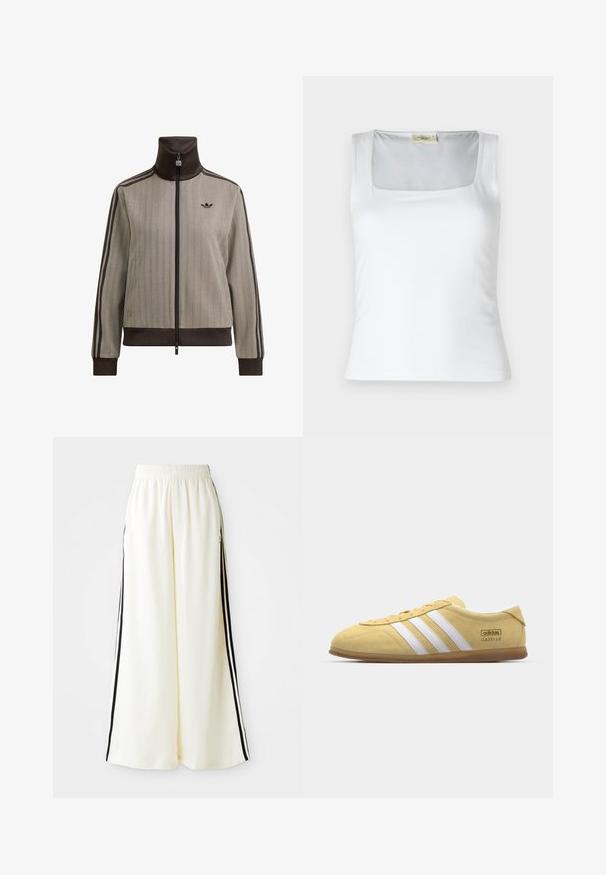 Béžovo-hnedá tréningová bunda Adidas s plným zipsom, vysokým golierom, rebrovanými manžetami, tromi pruhmi na rukávoch a logom na hrudi.; Biele tielko s štvorecovým výstrihom vyrobené z hladkej látky. Má široké ramienka a priliehavý strih. Bez viditeľných vzorov alebo ozdôb.; Biele široké nohavice s elastickým pásom a čiernymi vertikálnymi pruhmi pozdĺž vonkajších švov.; adidas Originals GAZELLE LO PRO W - Tenisky - almost yellow/footwear white