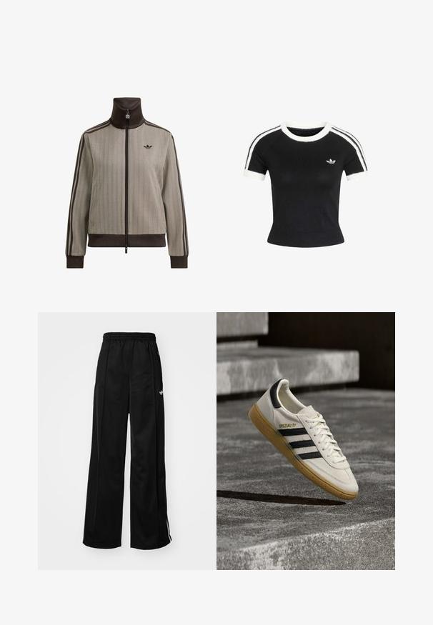 Beige en bruine Adidas trainingsjas met volledige ritssluiting, hoge kraag, geribde manchetten, drie strepen op de mouwen en logo op de borst.; Zwarte gebreide top met korte mouwen, witte ronde hals, mouwboorden en dubbele witte strepen op de schouders, met een klein Adidas trefoil-logo op de borst.; Zwarte wijde trainingsbroek met een elastische tailleband, voorzien van witte zijkanten en een klein logo op de linker heup. Stevige stoftextuur.; Witte Adidas Spezial sneaker met zwarte strepen en gumzool, zwevend boven grijze stenen trappen buiten.