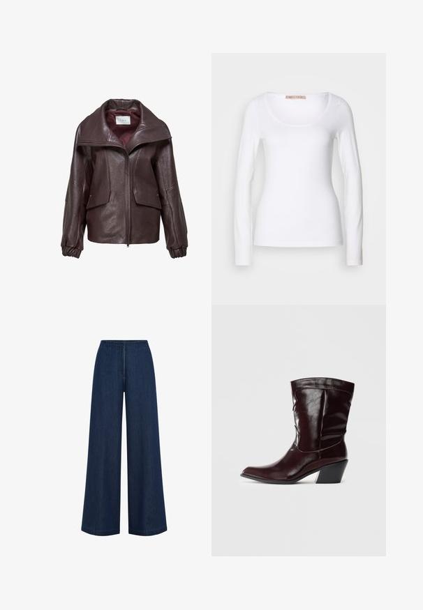 Dunkelbraune Lederjacke mit weitem Kragen, Frontreißverschluss, zwei Klapptaschen und elastischen Bündchen, dargestellt vor weißem Hintergrund.; Langärmliges, weißes Baumwoll-T-Shirt mit einem U-Ausschnitt und einer figurbetonten Passform, glatter Textur und ohne Verzierung.; Weite, dunkelblaue Jeans mit geradem Schnitt, aus Denim gefertigt. Verfügt über einen hohen Bund und subtile Nahtdetails. Keine sichtbaren Metallteile.; Bordeauxfarbene Leder-Stiefeletten mit spitzem Schnitt, strukturierten Oberflächen und einem schmalen, niedrigen Absatz. Verfügen über dezente Nähte und einen engen Sitz.