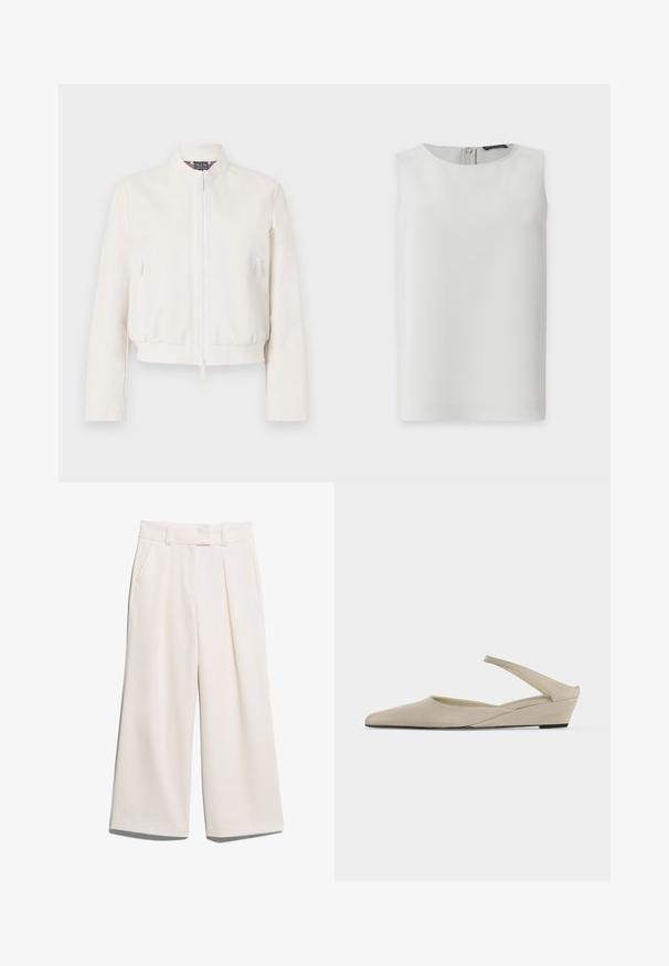 Kort bomberjack in off-white, gemaakt van gladde stof. Voorzien van een ritssluiting aan de voorkant, twee zijzakken met rits, en een geribde zoom.; Mouwloze witte blouse met ronde hals en zichtbare ritssluiting op de rug, getoond tegen een effen witte achtergrond.; Brede broekspijpen in een lichte crèmekleur, gemaakt van gladde stof met twee voorzakken en zichtbare stiksels op de tailleband.; Beige lage sleehak slingback schoen met puntige neus en gladde matte afwerking, getoond in zijaanzicht op een witte achtergrond.