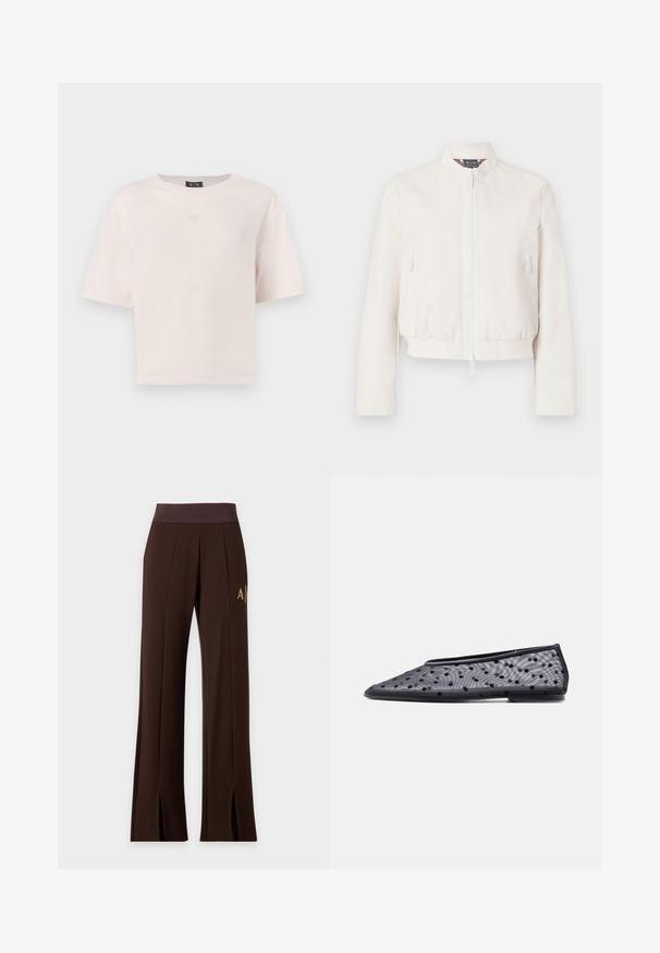 Veste bomber courte de couleur blanc cassé, confectionnée dans un tissu lisse. Elle présente une fermeture éclair à l'avant, deux poches latérales zippées et un ourlet côtelé.; T-shirt rose clair à manches courtes en coton doux. Il présente un col rond et un logo "AX" en relief sur le devant. Coupe décontractée.; Pantalon large marron foncé avec taille élastique, coutures sur l'avant, logo sur le côté et fentes à l'avant de l'ourlet.; Chaussure plate noire à bout pointu, en tissu transparent avec un motif à pois noirs sur un fond clair.