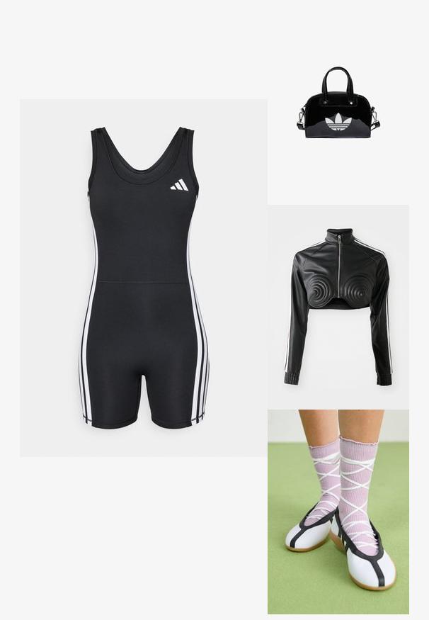 Veste cropped noire en simili cuir, avec des accents rembourrés en forme de spirale sur la poitrine, fermeture éclair à l'avant et bandes blanches sur les manches.; adidas Performance ONESIE - Combinaison d'échauffement - black/white; Jambes portant des chaussettes lavande côtelées avec des brides blanches croisées, associées à des ballerines blanches avec un bord noir sur un sol vert.; Sac à main en cuir verni noir de forme arrondie, avec des poignées supérieures doubles, des accents argentés et un logo blanc proéminent à l'avant.