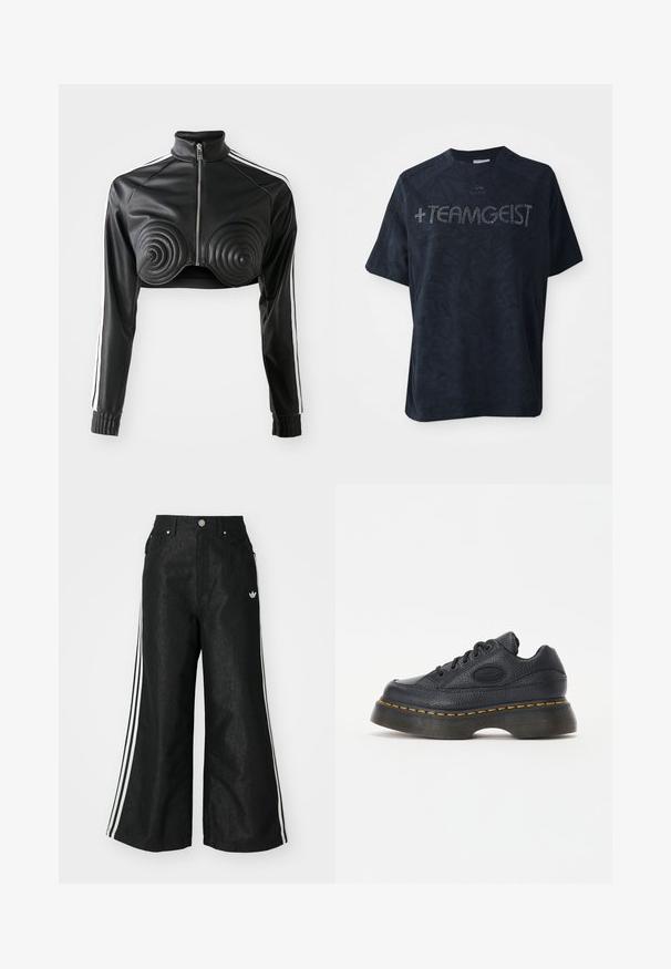Chaqueta negra corta de cuero sintético, con detalles acolchados en forma de espiral en el busto, cierre frontal con cremallera y franjas blancas en los laterales de las mangas.; Camiseta negra de manga corta hecha de una tela suave, con un patrón texturizado y adornada con piedras brillantes que dicen "+TEAMGEIST."; Pantalones de denim anchos y negros con tres franjas blancas en cada lado y un pequeño logo blanco. Cuenta con bolsillos frontales y un cierre de botón.; Zapatilla de cuero negro con acabado texturizado, punta redonda y suela de plataforma gruesa. Presenta costuras de acento amarillas y logotipo de la marca en el lateral.