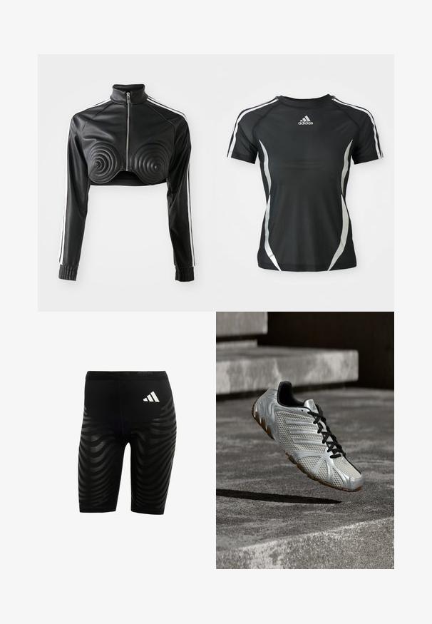 Veste cropped noire en simili cuir, avec des accents rembourrés en forme de spirale sur la poitrine, fermeture éclair à l'avant et bandes blanches sur les manches.; T-shirt de sport à manches courtes noir Adidas avec des rayures blanches sur les épaules et des accents courbés argentés sur les côtés.; Shorts de sport noirs avec un design texturé comprenant des rayures ondulées. Logo blanc sur la ceinture, fabriqués en matériau évacuant l'humidité.; Chaussure de sport Adidas argent et noire avec un design texturé et une semelle marron, suspendue au-dessus d'une surface en béton gris et des marches.