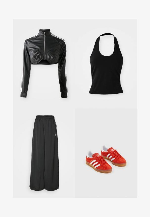 Veste cropped noire en simili cuir, avec des accents rembourrés en forme de spirale sur la poitrine, fermeture éclair à l'avant et bandes blanches sur les manches.; Haut halter noir en tissu doux, avec un col rond et une silhouette ajustée, à la texture lisse et sans motifs visibles.; Pantalons de jogging noirs amples en tissu lisse. Comprend une taille élastique et des bandes latérales avec des accents de logo.; Baskets en daim rouge avec rayures blanches, semelle en gomme, col rembourré et logo sur la languette. Design classique avec une tige texturée.