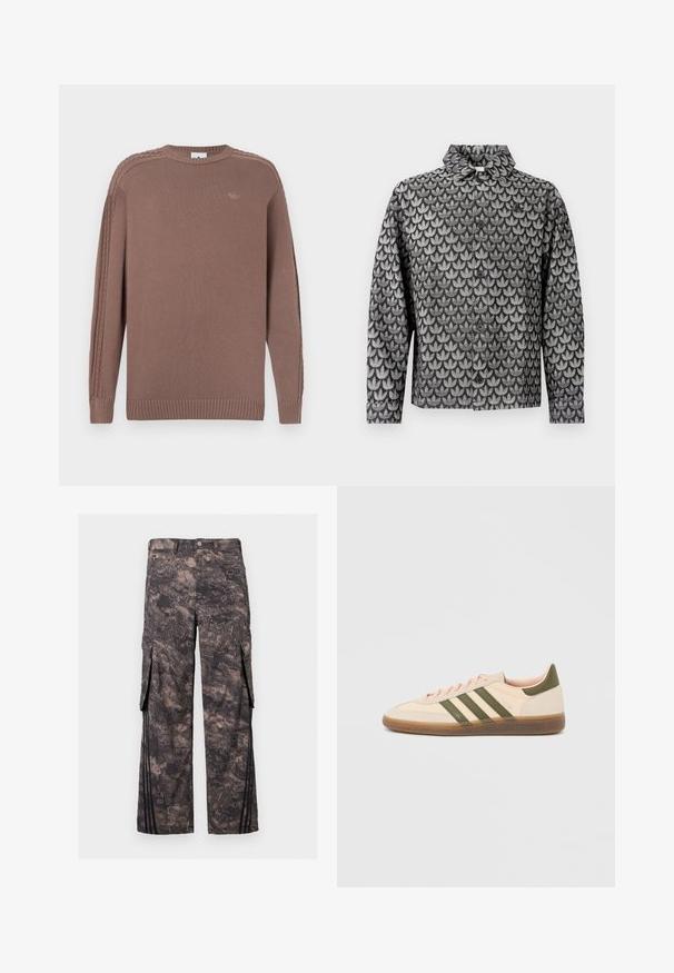 Veste noire et grise à boutons avec un motif géométrique de feuilles et des manches longues, présentée sur un fond blanc uni.; Pull en tricot marron avec un col rond, un ourlet côtelé et des détails en tresses texturées le long des épaules. Il présente un petit logo sur la poitrine.; Pantalon cargo gris foncé avec motif camouflage abstrait, bouton et fermeture éclair à l'avant, poches à rabat latérales et rayures verticales noires près des ourlets.; Baskets beige discrètes Adidas Spezial avec des bandes vertes, une semelle en caoutchouc et le logo "SPEZIAL" sur le côté, vues de l'extérieur.