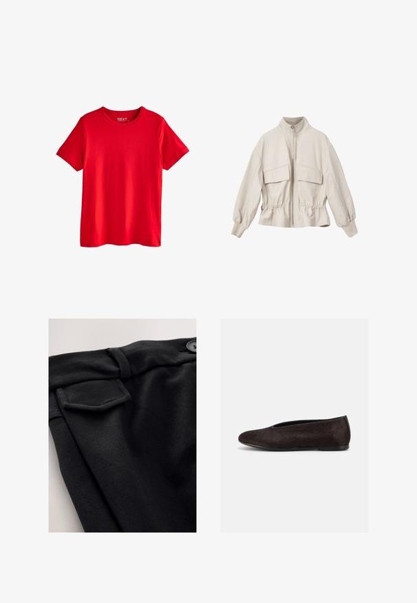 Lysebeige jakke med lynlås og høj krave, to store brystlommer, indsnævret talje og elastiske manchetter, lavet af glat, tekstureret stof.; Klar rød kortærmet bomulds-T-shirt med rund hals, vist fladt uden synlige mønstre eller logoer undtagen en lille indvendig halslabel.; Sorte bukser med en glat tekstur, der har en sidelomme, knaplukning og bæltestropper, vinklet for et detaljeret kig på stof og design.; Sort flad balletskøjte med rundet tå og glat, let tekstureret overdel set fra siden på en ensartet lys baggrund.