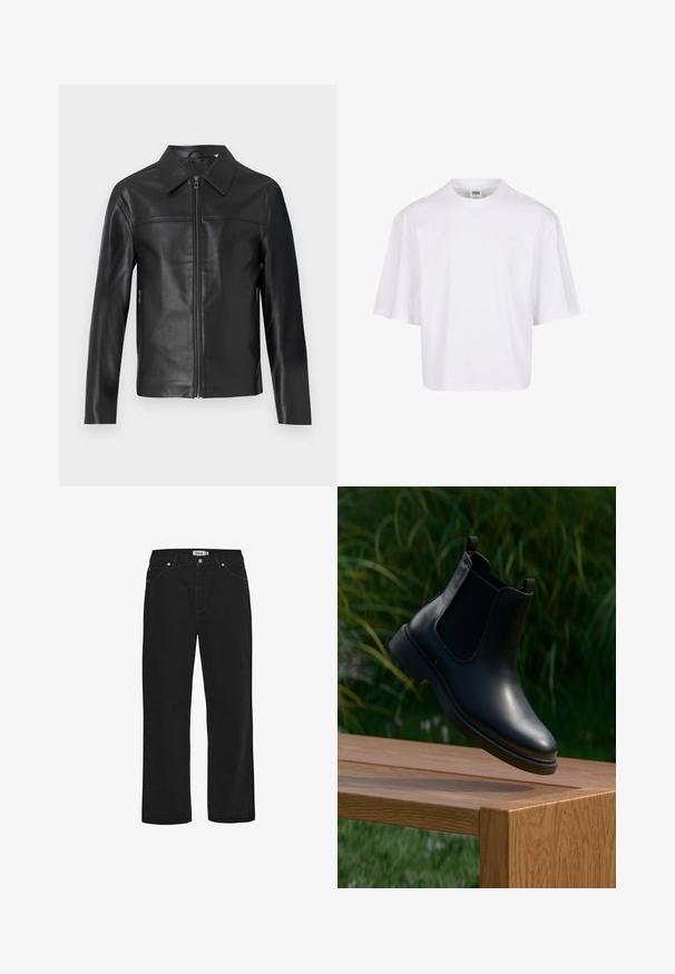 Chaqueta de cuero negro con mangas largas, cierre frontal de cremallera y collar puntiagudo, exhibida sobre un fondo blanco.; Camiseta blanca de manga corta con cuello redondo y corte relajado, fabricada en una suave mezcla de algodón. Sin patrones ni adornos.; Vaqueros de mezclilla negra con corte recto, diseño de cinco bolsillos, detalles en hardware de cobre y una cinta de cintura resistente. Textura suave, estilo sin adornos.; Botín de cuero negro hasta el tobillo con paneles laterales elásticos flotando sobre un banco de madera, con un fondo de follaje verde.
