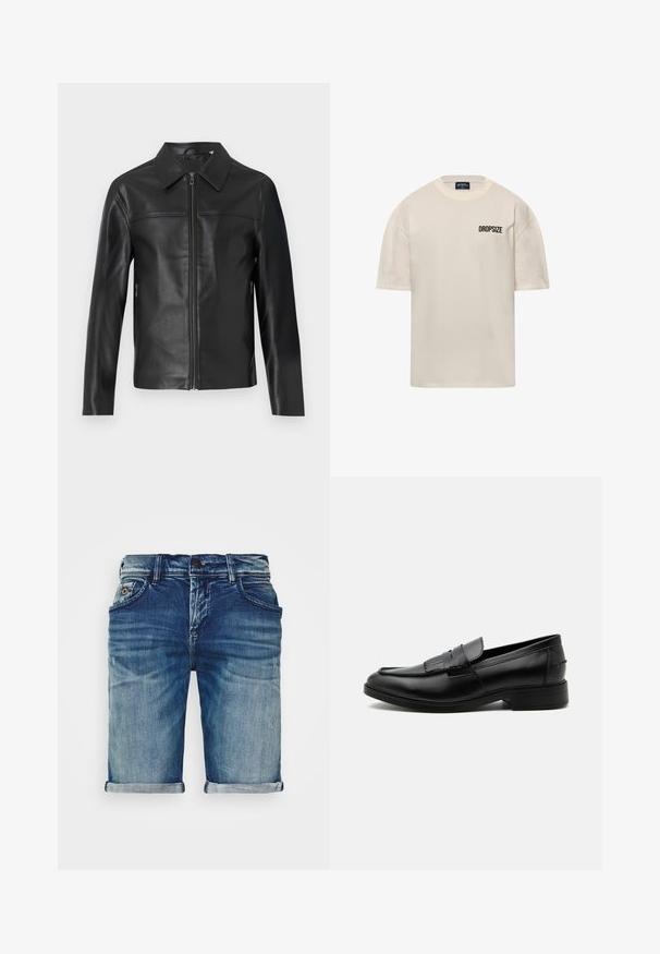 Chaqueta de cuero negro con mangas largas, cierre frontal de cremallera y collar puntiagudo, exhibida sobre un fondo blanco.; Camiseta de algodón de manga corta en color crema, con cuello redondo y el texto "DROPSIZE" en negro en el lado izquierdo del pecho.; Shorts de mezclilla en azul medio con un acabado ligeramente desgastado. Presentan dobladillos doblados, diseño de cinco bolsillos y cierre de botón de metal.; Mocasín negro de cuero para hombre con detalle de borlas, punta redondeada, tacón bajo y acabado liso y pulido, mostrado de lado sobre un fondo blanco.