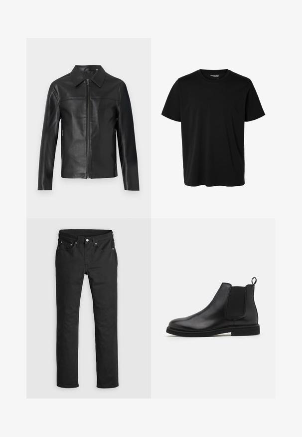 Schwarze Lederjacke mit langen Ärmeln, Vorderreißverschluss und spitzem Kragen, vor einem weißen Hintergrund präsentiert.; Schlichtes schwarzes T-Shirt mit kurzen Ärmeln und Rundhalsausschnitt in Herrenform, ohne sichtbare Muster oder Logos auf der Vorderseite.; Schwarze Jeanshose mit geradem Bein, ausgestattet mit einem Reißverschluss, fünf Taschen und Metallknopf-Akzenten. Glatte Textur.; Schwarze Leder Chelsea-Stiefel mit elastischen Seitenpanelen und einem Zugtab. Gerundete Zehenpartie und flache Gummisohle, die eine glatte Oberfläche zeigt.