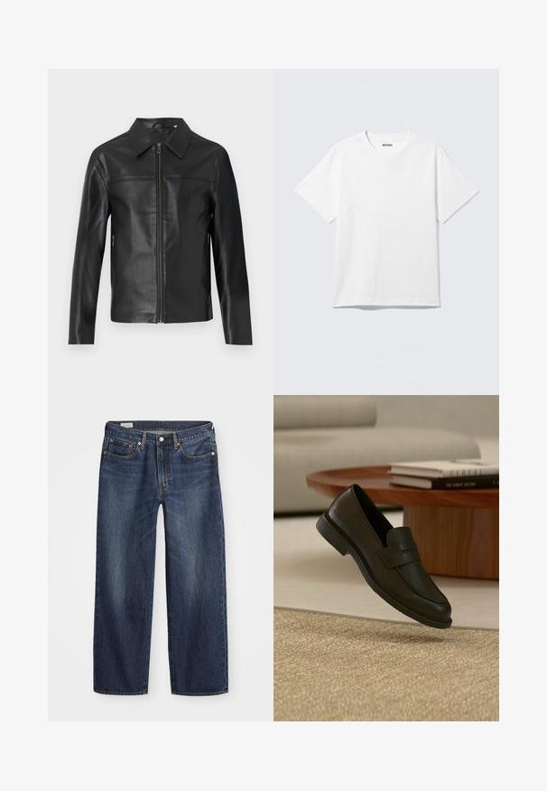 Chaqueta de cuero negro con mangas largas, cierre frontal de cremallera y collar puntiagudo, exhibida sobre un fondo blanco.; Camiseta blanca de manga corta con cuello redondo, colocada plana, diseño liso, con etiqueta "WEEKDAY" en el interior del cuello sobre un fondo claro.; Jeans de mezclilla azul oscuro con corte recto, diseño de cinco bolsillos, cierre de botón metálico y cremallera, y patrones sutiles de desgaste.; Zapato mocasín de cuero negro mostrado en el aire sobre una alfombra beige tejida, con una mesa de madera y libros apilados en una sala de estar con luz suave.