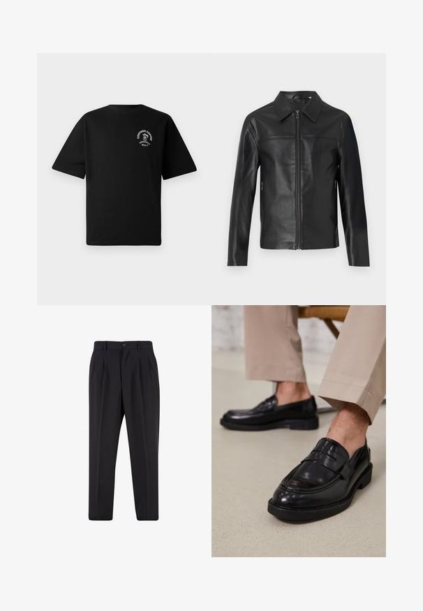 Veste en cuir noir avec des manches longues, fermeture éclair à l'avant et col pointu, présentée sur un fond blanc.; T-shirt noir à manches courtes avec un petit logo blanc sur la poitrine représentant une cafetière et le texte "Cortado Coffee Original 2013."; Pantalon noir sur mesure avec plis à l'avant, passants pour ceinture et fermeture par bouton à la taille.; Mocassins en cuir noir avec une finition lisse, ornés d'une sangle décorative et de coutures contrastées, associés à un pantalon beige.