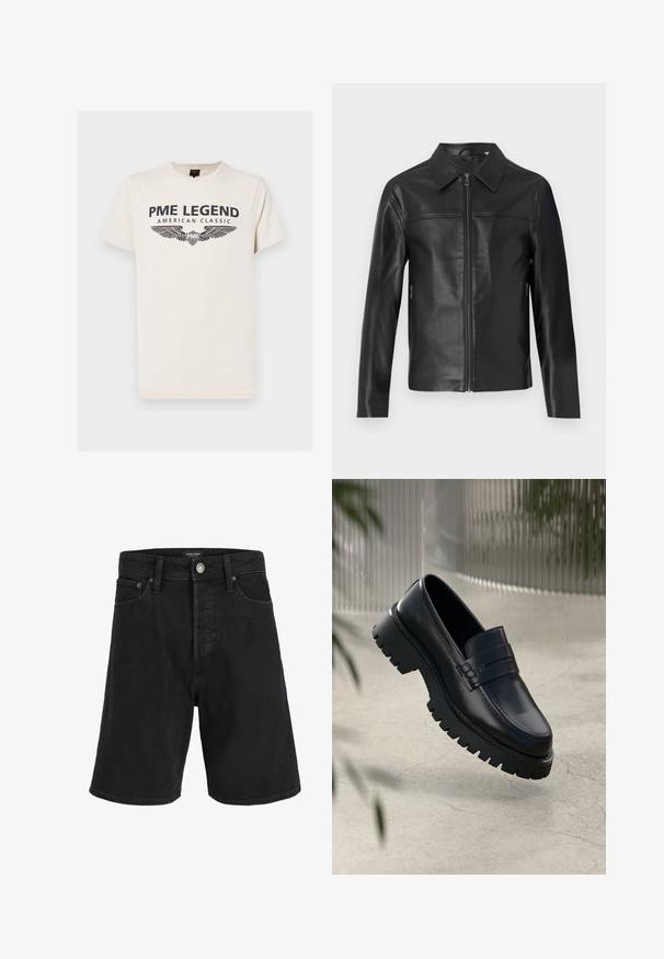 Chaqueta de cuero negro con mangas largas, cierre frontal de cremallera y collar puntiagudo, exhibida sobre un fondo blanco.; Camiseta de algodón color crema con un estampado oscuro que dice "PME LEGEND AMERICAN CLASSIC" con gráficos de alas debajo del texto.; Pantalones cortos de mezclilla negros con cierre de botón y cremallera, presillas para cinturón y bolsillos delanteros y traseros, etiquetados como Jack & Jones.; Mocasines de cuero negro con suela gruesa, que presentan una correa decorativa y detalles de costura. Textura suave con un acabado pulido.