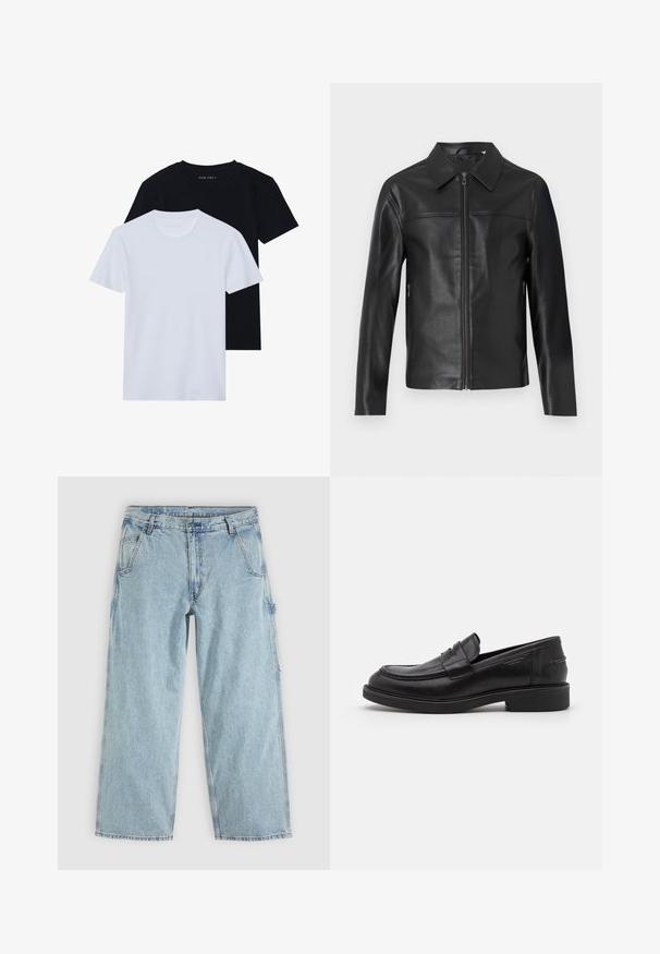 Sort læderjakke med lange ærmer, frontlynlås og spidse krave, vist mod en hvid baggrund.; To kortærmede t-shirts med rund hals, en sort og en hvid, lavet af blødt bomuldsstof med ribbet struktur. Klassisk pasform design.; Lyseblå straight-leg denim jeans med forlommer, bæltestropper, knaplukning og en sidelomme til værktøj.; Sorte læder loafers med en rund tå, tonale syninger og en stropdetalje foran. Gummisål med en lav hæl.