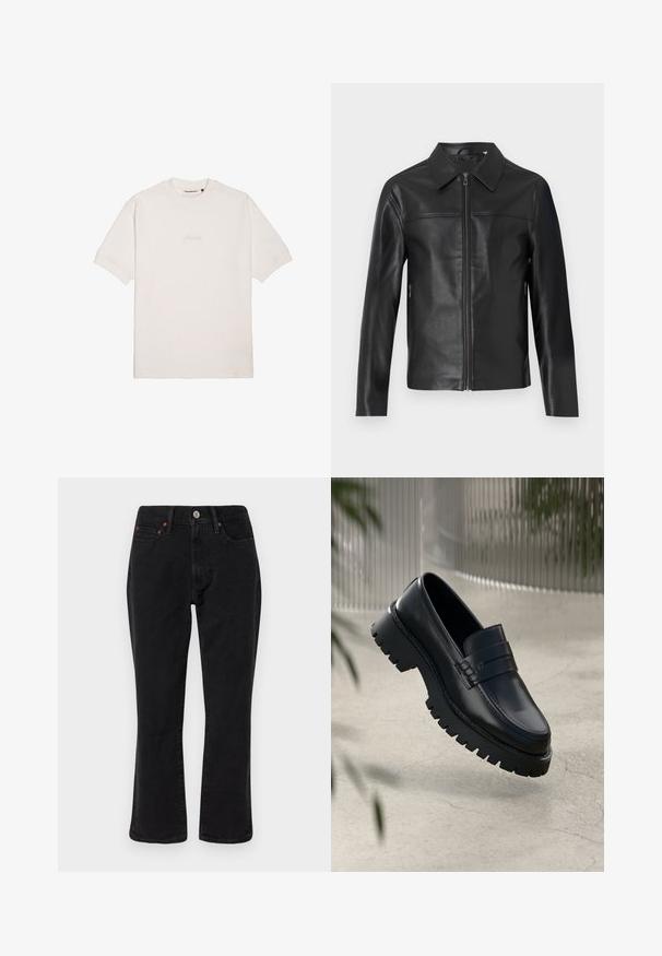 Veste en cuir noir avec des manches longues, fermeture éclair à l'avant et col pointu, présentée sur un fond blanc.; T-shirt blanc à manches courtes en coton doux, avec un logo de marque subtilement gaufré sur la poitrine et un col rond classique.; Jean en denim noir présentant un design à jambe droite, un style à cinq poches et des accessoires en métal avec des accents en cuivre. Texture lisse et taille moyenne.; Mocassins en cuir noir avec une semelle à crampons épaisse, dotés d'une sangle décorative et de détails de couture. Texture lisse avec une finition polie.