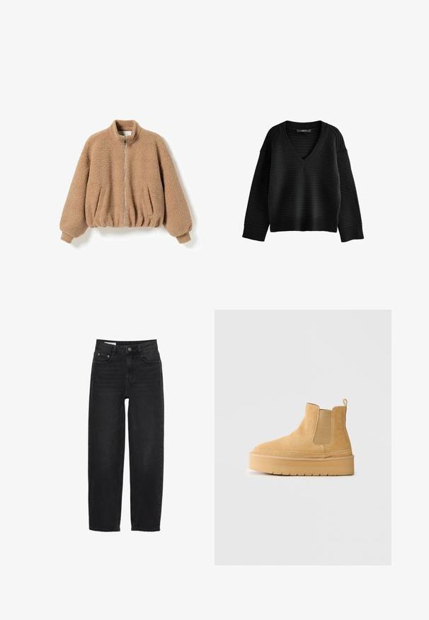 Beige fleecejakke med lynlås foran, elastisk kant og manchetter, sidelommer og en høj krave.; Sort sweater med V-hals, ribbet struktur og vide ærmer. Har vandrette striber og en tætsiddende ribbet kant.; Sorte denim jeans med lige ben-design, der har en knaplukning, fem lommer og diskrete syninger.; Lysebrune ruskind ankelstøvler med tyk sål, elastiske sidepaneler og pull-tab, vist fra ydersiden på en ensfarvet baggrund.