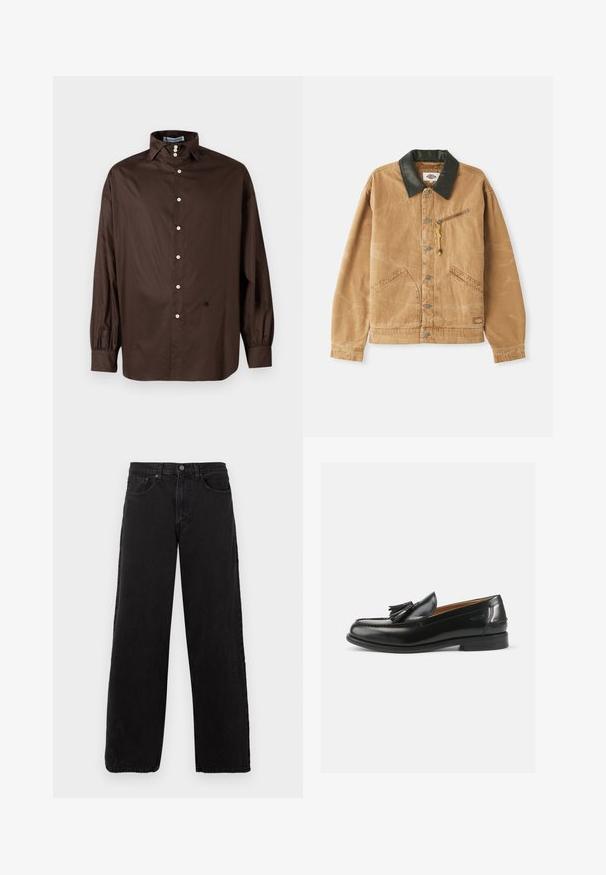 Veste en toile marron avec un col en cuir noir, deux poches avant, une poche zippée sur la poitrine et des boutons métalliques. Finition en tissu texturé.; Chemise longue à manches marron en tissu lisse avec un col classique, fermeture à boutons sur le devant et poignets élastiqués ; présente un détail logo subtil.; Jean en denim noir avec une coupe droite, un style à cinq poches et une fermeture à bouton. Tissu texturé et esthétique minimaliste.; Mocassins en cuir noir avec un accent de gland, un bout arrondi et une finition lisse. La semelle est plate avec un motif de trottoir minimal.