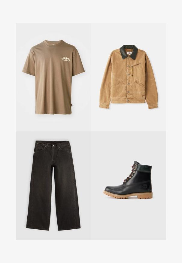 Braune Canvasjacke mit einem schwarzen Lederkragen, zwei frontalen Taschen, einer Reißverschlusstasche auf der Brust und metallischen Knöpfen. Texturierte Stoffoberfläche.; Braunes Baumwoll-T-Shirt mit Rundhalsausschnitt, kurzem Arm und einem weißen Logo mit der Aufschrift "Dickies Workwear" auf der linken Brustseite.; Schwarze Jeans mit weitem Bein aus Denim, mit Fronttaschen, Knopfverschluss und Gürtelschlaufen, flach auf hellem Hintergrund dargestellt.; Schwarze Leder Stiefelette mit braunen Schnürsenkeln, gepolstertem grünen Kragen und beigefarbenem Gummisohle mit tiefen Profilen, seitliche Ansicht auf weißem Hintergrund.