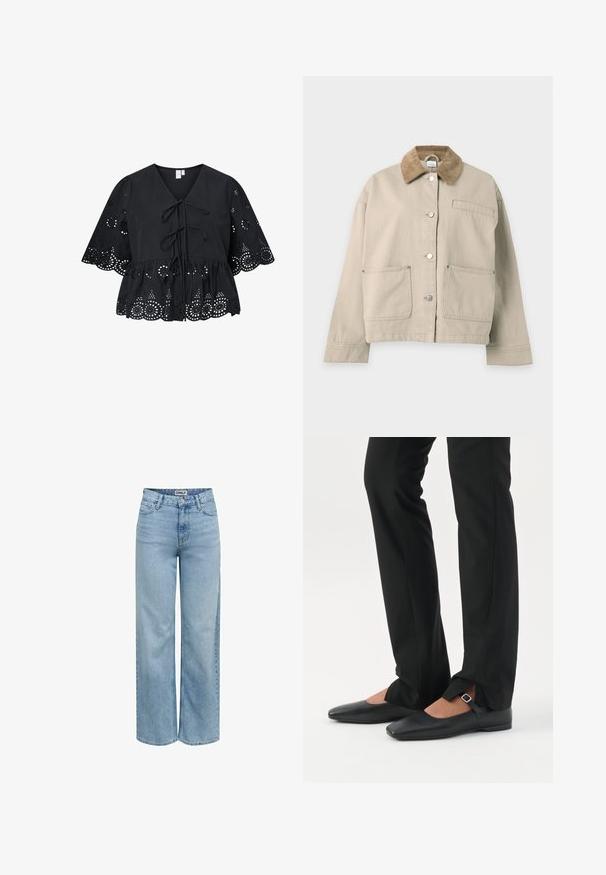 Chaqueta beige con botones, cuello de pana marrón, dos grandes bolsillos delanteros, un bolsillo en el pecho y mangas largas, mostrada sobre un fondo blanco.; Blusa negra con mangas cortas y anchas, con escote en V, lazo frontal y un intricado patrón calado en el dobladillo y las mangas.; Vaqueros de pierna ancha de tiro alto en azul claro con botón frontal, cremallera y diseño de cinco bolsillos, con la etiqueta "ONLY" en la cintura interior.; Piernas con pantalones ajustados negros con aberturas frontales en el dobladillo, combinados con zapatos planos Mary Jane negros con una pequeña correa con hebilla.