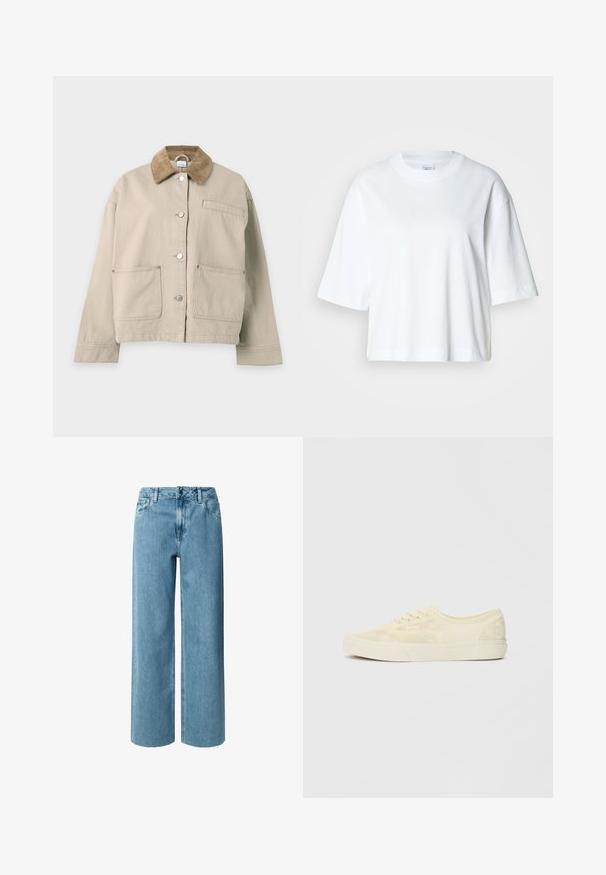 Chaqueta beige con botones, cuello de pana marrón, dos grandes bolsillos delanteros, un bolsillo en el pecho y mangas largas, mostrada sobre un fondo blanco.; Camiseta blanca corta con mangas cortas, escote redondo, hecha de material de algodón suave, con un diseño simple y limpio.; Jeans de mezclilla azul de pierna ancha con cintura alta, que cuentan con trabillas para cinturón, cremallera y dobladillos deshilachados. La tela tiene una textura suave y lisa.; Zapatillas de lona beige con un patrón de cuadros texturizado, puntera redonda y suela de goma blanca. Cuenta con cinco ojetes y cordones planos.
