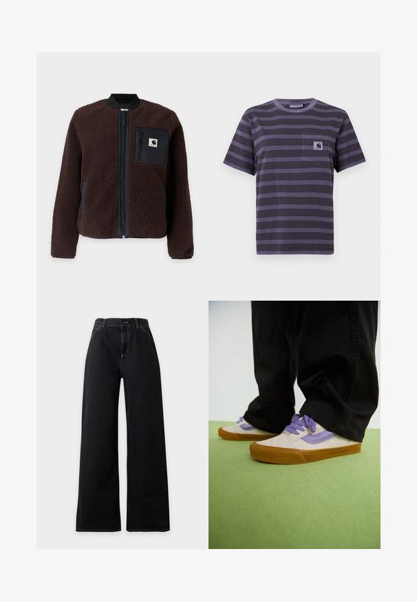 Chaqueta de forro polar marrón con cremallera negra y bolsillo en el pecho con cremallera negra que presenta una etiqueta con el logo blanco de Carhartt.; Camiseta de rayas moradas con un bolsillo en el lado izquierdo del pecho, con rayas negras horizontales. Tejido suave, mangas cortas, y cuello redondo.; Vaqueros negros de talle alto y pierna ancha con cierre delantero de botón y cremallera, costuras blancas visibles a lo largo de las costuras y los bolsillos.; Zapatillas beige claro con acentos morados, suela de goma y cordones planos. Combinadas con pantalones negros, exhibidas sobre una superficie texturada verde.