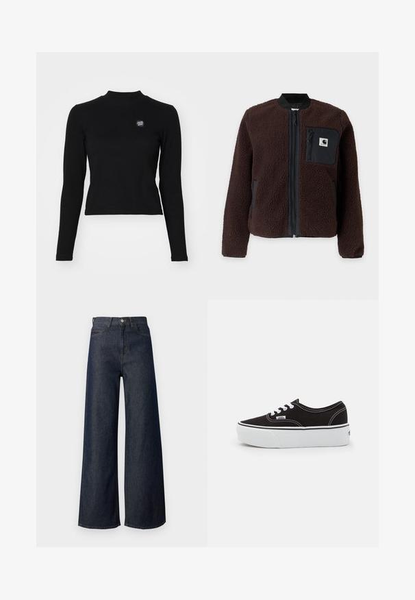 Hnedá fleecová bunda s čiernym zipsom a čiernou náprsní vreckom so zipsom, s bielou nášivkou s logom Carhartt.; Čierny top s dlhým rukávom a ryhovanou textúrou, s vysokým výstrihom a malým vyšitým logom na ľavej strane hrude. Má priliehavý, skrátený strih.; Tmavomodré džínsy s širokými nohavicami a vysokým pásom, vybavené dizajnom s piatimi vreckami, zlatým prešívaním a metalovým gombíkom. Celkovo hladký materiál.; Čierne plátenné tenisky s bielou gumovou platformou, s bielymi šnúrkami a stehmi, ikonickým logom na boku, nízkoprofilový dizajn.