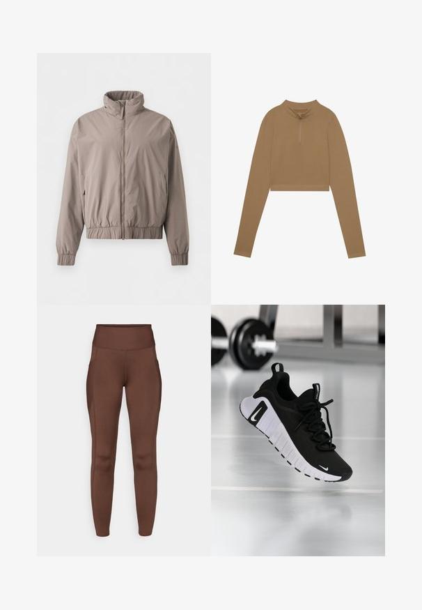 Veste marron clair zippée avec col haut, poignets élastiques et taille élastique, présentée de face sur un fond uni.; Haut marron, à manches longues et à coupe courte, avec un col montant et une demi-fermeture éclair. Fabriqué dans un tissu texturé, avec des manches ajustées et des détails de design minimalistes.; Leggings marron extensibles avec une taille haute, dotés de poches latérales et d'une texture lisse. Les coutures soulignent la forme.; Chaussure de sport noire avec une tige en tissu texturé, une semelle blanche et un système de laçage prononcé. Présente un logo Nike et un design doux et rembourré.