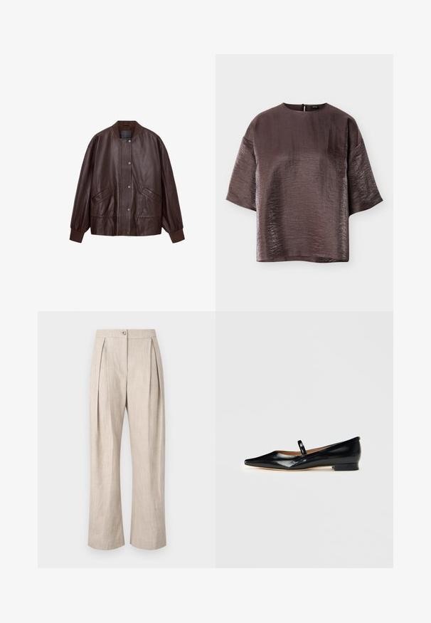 Ruskea nahkainen pommik jacket, jossa on ribbed hihansuut, napitus, kaksi etutaskua ja pystysaumadetaljointi. Tasainen koostumus kauttaaltaan.; Kiiltävä, tummanruskea, lyhythihainen pusero pyöreällä pääntiellä ja väljä istuvuus, esitettynä tasaisena valkoisella taustalla.; Beige pellavahousut, joissa on pleateja, leveät lahkeet ja nappikiinnitys edessä. Kankaassa on tekstuurinen ilme ja kevyt, hengittävä laatu.; Musta lakattu nahkainen kärjellinen Mary Jane -tasapohjakenkä, jossa on yksi hihna ja matala korko yksinkertaisella taustalla.