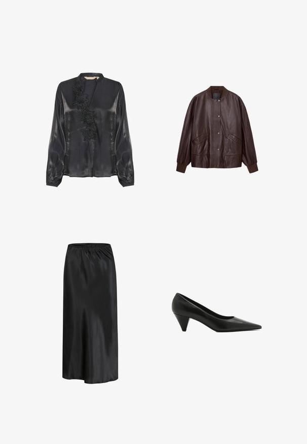 Braune Lederbomberjacke mit gerippten Bündchen, Knopfverschluss, zwei vorderen Taschen und vertikalen Nahtdetails. Glatte Textur über die gesamte Oberfläche.; Culture CUFIOLA - Bluse - black; Schwarzer Satin-Midirock mit elastischem Bund, glatter Textur und leichtem Glanz, auf weißem Hintergrund dargestellt.; Schwarze Leder-Pumps mit spitzem Zehenbereich und konischem Absatz. Glatte Textur und schlichtes Design, das einen niedrigen Ausschnitt für eine elegante Silhouette aufweist.