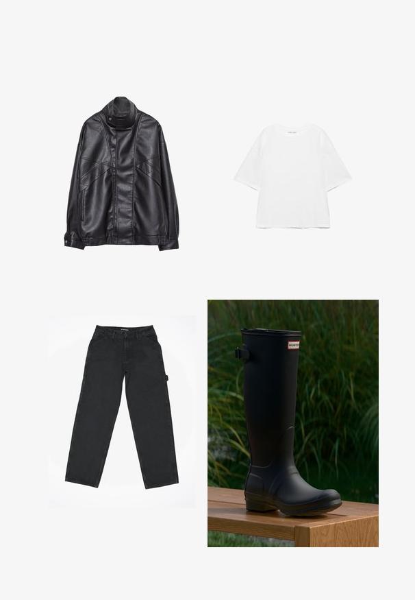 Zwarte leren jas met hoge kraag en drukknoop, ritszakken aan de zijkanten en gedetailleerde stiksels op de voorkant en mouwen.; Witte oversized T-shirt met korte mouwen, ronde hals, effen ontwerp en verzonken schoudernaden op een witte achtergrond.; Zwarte denimbroek met een recht model, voorzien van voorzakken, riemlussen en een knopenvlieg. Zorgt voor een gladde textuur, zonder zichtbare patronen.; Zwarte rubberen kniehoge laars met een ronde neus, een lichte hak en een gespsluiting. Bevat het "HUNTER" logo op de voorkant.