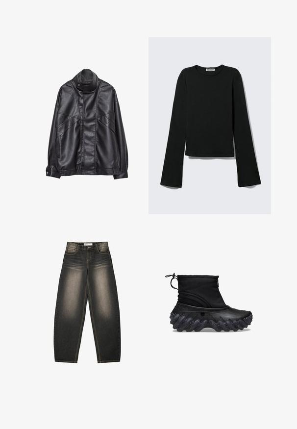Schwarze Lederjacke mit hohem Kragen und Druckknopf, Reißverschlusstaschen an den Seiten und detaillierterStickerei an der Vorderseite sowie an den Ärmeln.; Schwarzes Langarmshirt mit Rundhalsausschnitt, figurbetonter Silhouette und leicht ausgestellten Ärmeln, gekennzeichnet mit einem "Weekday" Markenetikett im Nacken.; Graue Denim-Jeans mit weitem Bein und leichter Ausbleichung, fünf Taschen, kontrastierenden Nähten und einer lockeren Passform. Keine sichtbaren Muster oder Verzierungen.; Schwarze Knöchelboots mit einem weichen Textiloberteil und einer strukturierten, welligen Gummisohle. Mit einem Reißverschluss und einem verstellbaren Kordelzug für einen sicheren Sitz.