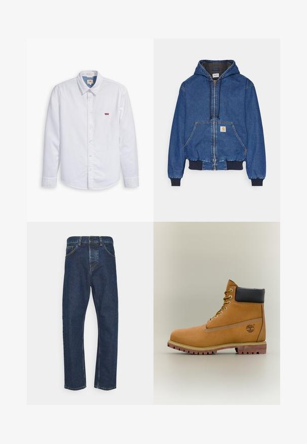 Carhartt WIP ACTIVE JACKET - Chaqueta vaquera - blue stone washed; Camisa de botón de manga larga blanca hecha de algodón. Presenta un cuello puntiagudo y un pequeño logo rojo de Levi's en el pecho izquierdo. Textura suave.; Jeans rectos de color azul oscuro con botón frontal, cierre de cremallera y bolsillos, mostrados contra un fondo blanco.; Bota de tobillo de cuero marrón con cuello negro, cordones amarillos y suela beige. Presenta un logotipo y detalles de costura blanca. Suela exterior con tracción robusta.