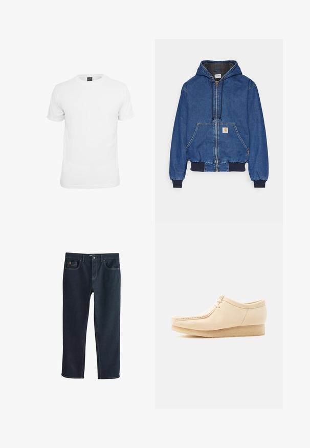Carhartt WIP ACTIVE JACKET - Chaqueta vaquera - blue stone washed; Camiseta blanca de manga corta, fabricada en algodón, con un cuello redondo y una textura suave, diseñada para el uso casual.; Pantalones vaqueros de mezclilla azul oscuro con un diseño de pierna recta, que cuentan con bolsillos delanteros y detalles sutiles de costura. Textura suave, estilo clásico.; Zapato beige de ante con cordones, suela de crepé, costura tipo mocasín en la punta y tacón cuña bajo, mostrado desde el lado exterior sobre un fondo liso.