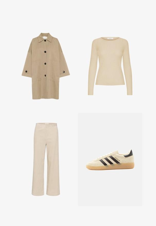 Beige oversized jakke med en skarp krave, frontknaplukning og store påsatte lommer. Har sorte knapper og en glat tekstur.; Beige ribbet sweater med lange ærmer, rund halsudskæring og fitted silhuet, præsenteret på hvid baggrund.; Beige buks med brede ben i velour, der har en subtil ribbet tekstur, bæltestropper, frontlynlås og to sidelommer.; Kremfarvet ruskindssneaker med sorte striber, gummisål, sort hælstrop og gyldent "SPEZIAL"-tekst på siden.