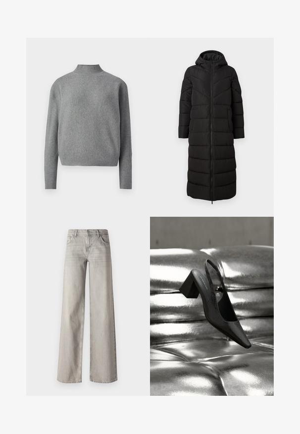 Abrigo largo negro acolchado con capucha, que cuenta con un cierre frontal, bolsillos laterales y un patrón acolchado en líneas horizontales y verticales.; Suéter de punto acanalado gris claro con un cuello alto tipo mock y mangas largas, presentado sobre un fondo blanco.; Jeans de pierna ancha en gris claro, hechos de denim, con un diseño de cinco bolsillos, cierre frontal con botón y una textura ligeramente desgastada.; Tacón destalonado negro con punta en forma de pico, con superficie texturizada y tacón ancho y grueso. Colocado sobre un fondo metálico brillante.