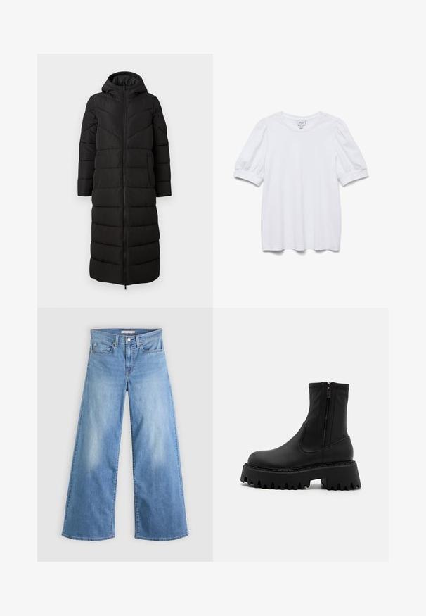 Langer schwarzer, gepolsterter Mantel mit Kapuze, mit einem Frontreißverschluss, seitlichen Taschen und einem gesteppte Muster in horizontalen und vertikalen Linien.; Weißes Kurzarmoberteil mit rundem Ausschnitt und Puffärmeln. Aus glattem Stoff gefertigt, mit einem Etikett "AWARE."; Hellblaue Jeans mit weitem Bein aus Denim, mit hoher Taille, vorderem Reißverschluss und Knopfverschluss sowie klassischem Fünf-Taschen-Design.; Schwarze Ankelboots aus mattem synthetischem Material, mit einem seitlichen Reißverschluss, klobigem Plattformsohle mit gezahnten Kanten und verstärkten Nähten.