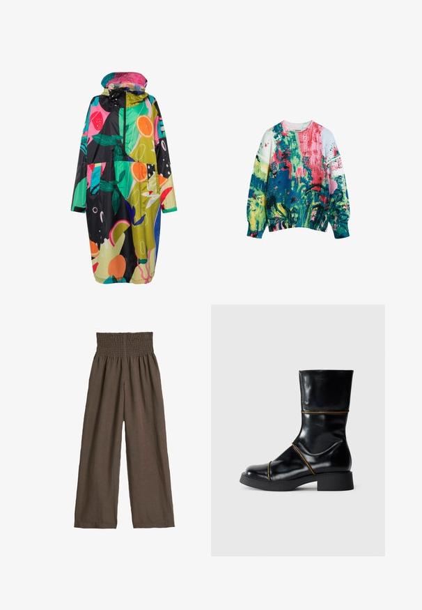 LAURASØN 3X FUNKTION PRINT KAPUZE ZIPPER - Parkatakki - salsa; Monivärinen neulepaita, jossa abstrakteja kuvioita vihreänä, pinkkinä, sinisenä ja valkoisena. Pyöreä pääntie, pitkät hihat, teksturoitu neulottu kangas.; Ruske lakanbuks med et smocket talje. Bred bendesign, let tekstur og subtil drapering. Ingen synlige mønstre eller hardware.; Musta nahkasaapas nilkkapituisena kiiltävällä pinnalla, pyöreällä varvalla, matalalla lohkopohjalla ja erottuvilla ruskeilla tikkauksilla. Sujuva pinta ja tyylikäs muotoilu.