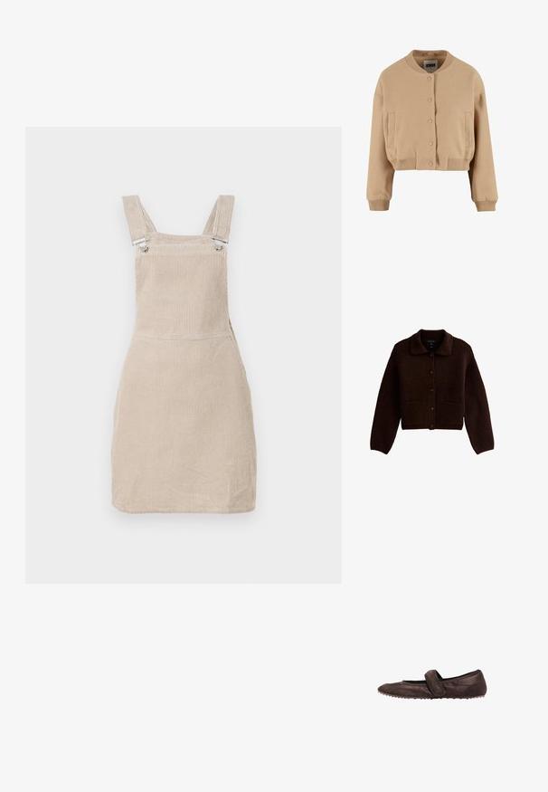 Geknipte beige cardigan van zacht materiaal, met een ronde halslijn, drukknopen en twee zijzakken, afgewerkt met geribde boorden en onderrand.; Donkerbruin gebreid vest met lange mouwen, knopen aan de voorkant, twee voorzakken en een puntige kraag.; Beige corduroy tuinbroekjurk met verstelbare schouderbanden en metalen clips, met een rechte snit en geprofileerde verticale lijnen.; Bruine Mary Jane platte schoen met een brede klittenbandsluiting en een gestructureerde zool, zijaanzicht.