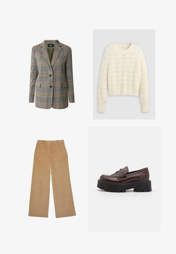 Stribet blazer med en blanding af grønne, sorte og orange nuancer. Den har en lukning med to knapper, to forlommer og en klapkrave.; Flødefarvet strikket sweater med et struktureret, indviklet hulmønster samt ribbet kant ved ærmer og bund.; Beige vidde bukser i fløjl med bæltestropper, sidelommer og lynlås foran.; Madden Girl CALISTA - Loafers - brown