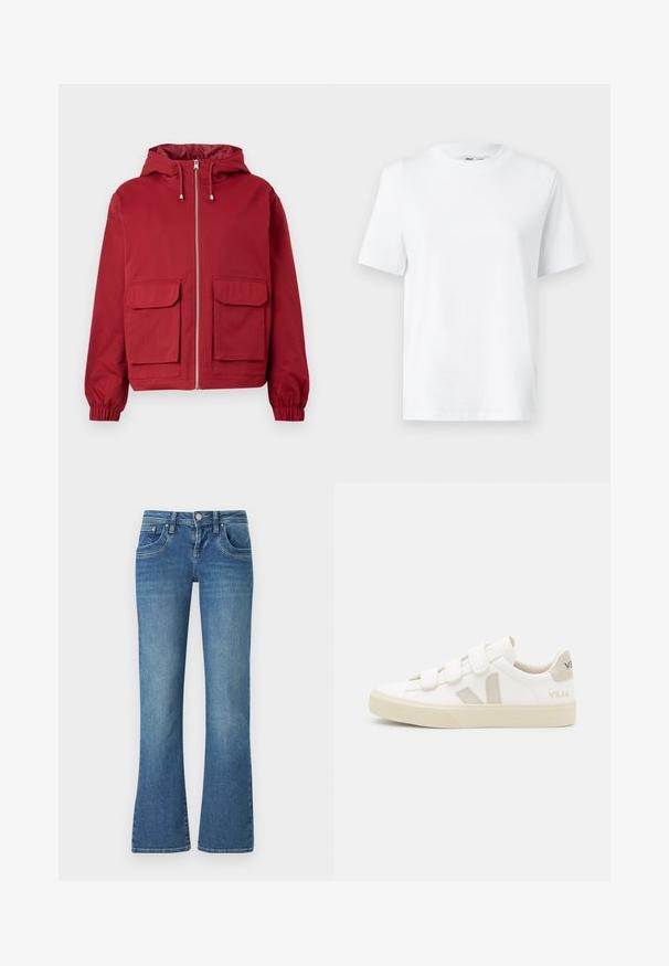 Veste rouge à capuche avec fermeture éclair à l'avant, deux grandes poches avant à rabat, poignets élastiques et cordons à la capuche.; T-shirt en coton blanc à col rond, avec des manches courtes et une texture lisse. Conçu avec une coupe décontractée pour plus de confort et de polyvalence.; Jeans flares bleu clair en denim, dotés de cinq poches, de coutures contrastées et d'une fermeture à bouton à la taille.; Baskets blanches avec des bandes Velcro, accents en daim beige, semelle en caoutchouc texturée et logo V gris. Design minimaliste, forme arrondie.