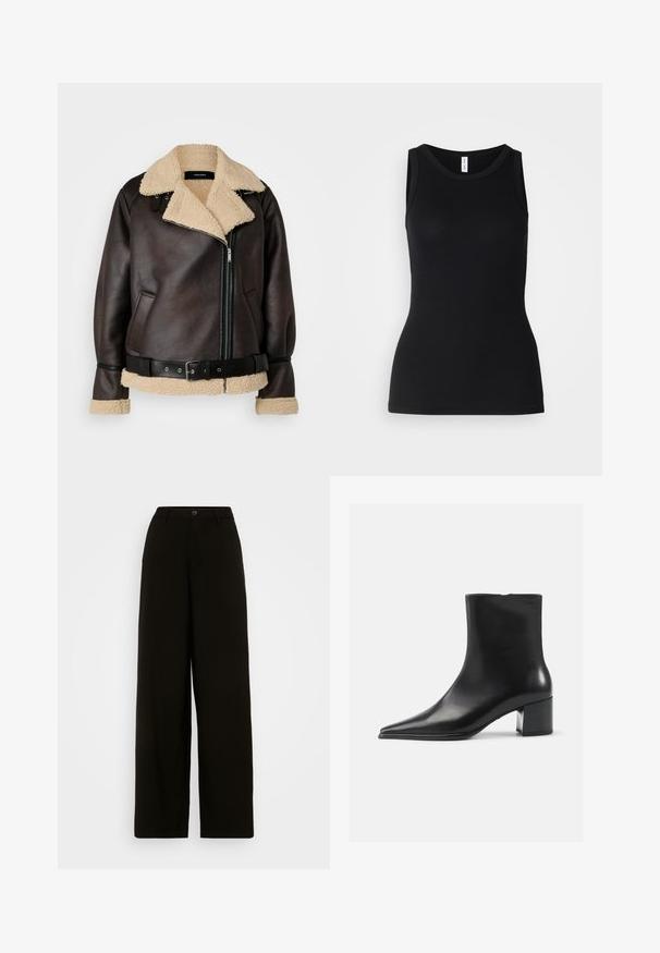 Vero Moda Tall VMJOANNA JACKET - Imitatieleren jas - chocolate torte/silver mink; Zwarte mouwloze tanktop van ribbelstof, met een ronde halslijn en een nauwsluitend ontwerp, met een gladde textuur en zonder patronen.; Zwarte wijde broek van soepel materiaal, met een knoopsluiting in de taille en een getailleerd silhouet zonder zichtbare patronen.; Zwarte leren enkellaars met een spitse neus, een soepele textuur en een middenblokhak. Minimalistisch ontwerp, ritssluiting aan de achterkant.