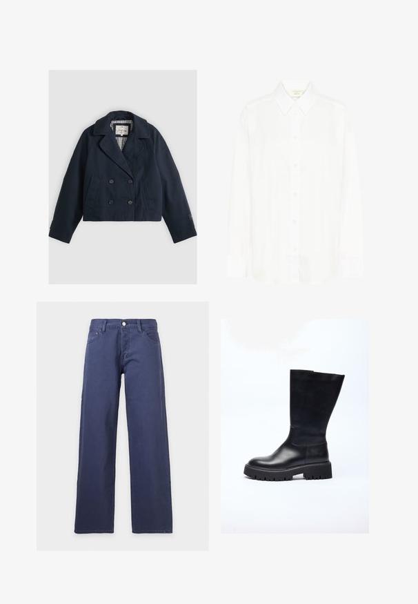 Veste courte bleu marine à double boutonnage avec large col, fermetures par boutons, poches avant inclinées et doublure intérieure à carreaux.; Chemise blanche à manches longues avec col classique et coupe régulière. Fabriquée en tissu lisse, avec huit boutons sur le devant.; Jean en denim bleu foncé à jambes droites, avec poches avant, passants pour ceinture et fermeture à bouton à la taille sur un fond uni.; Botte noire en cuir jusqu'au genou avec une semelle épaisse, conçue avec une texture lisse, un bout arrondi et une silhouette minimaliste.