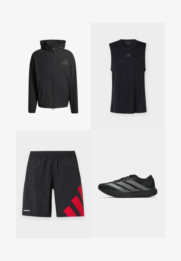 Zwarte rits hoodie met een gladde textuur. Voorzien van een voorzak en subtiele logo-accenten op de borst en mouw.; Zwarte mouwloze sportshirt met subtiele mesh zijpanelen en een klein Adidas-logo gecentreerd onder de ronde halslijn.; Zwarte atletische shorts met rode diagonale strepen aan de linkerkant, elastische tailleband, gemaakt van lichtgewicht, gestructureerde stof. Adidas-logo zichtbaar.; Zwarte sportieve schoenen met een lichtgewicht ontwerp, voorzien van drie opvallende grijze strepen, een gladde textuur en een gevormde zool.