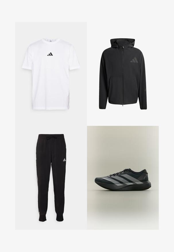 Sort lynlåset hættetrøje med en glat tekstur. Har en frontlomme og diskrete logo accenter på brystet og ærmet.; Hvid bomulds T-shirt med et lille sort trekantet logo på brystet, korte ærmer og rund halsudskæring. Enkel og klassisk design.; Sorte atletiske bukser lavet af blødt stof, med snoretræk i taljen og hvide sidelister. Elastiske manchetter ved anklerne.; Sort løbesko med tre grå striber på siden og en tyk polstret sål, vist i profil på en ensfarvet baggrund.