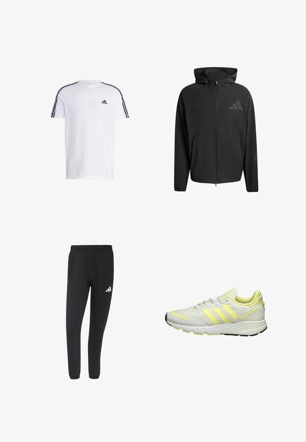 Chaqueta con capucha negra ycremallera, de textura suave. Cuenta con un bolsillo frontal y sutiles acentos de logo en el pecho y la manga.; Camiseta blanca de manga corta hecha de algodón con el logo negro de adidas en el pecho y tres franjas negras a lo largo de los hombros.; Pantalones deportivos negros tipo jogger con cinturilla y puños elásticos, con un pequeño logo blanco de Adidas en el muslo derecho.; Zapatilla deportiva blanca con acentos en amarillo, que cuenta con una parte superior suave, suela texturizada y tres rayas en el lateral para la marca.